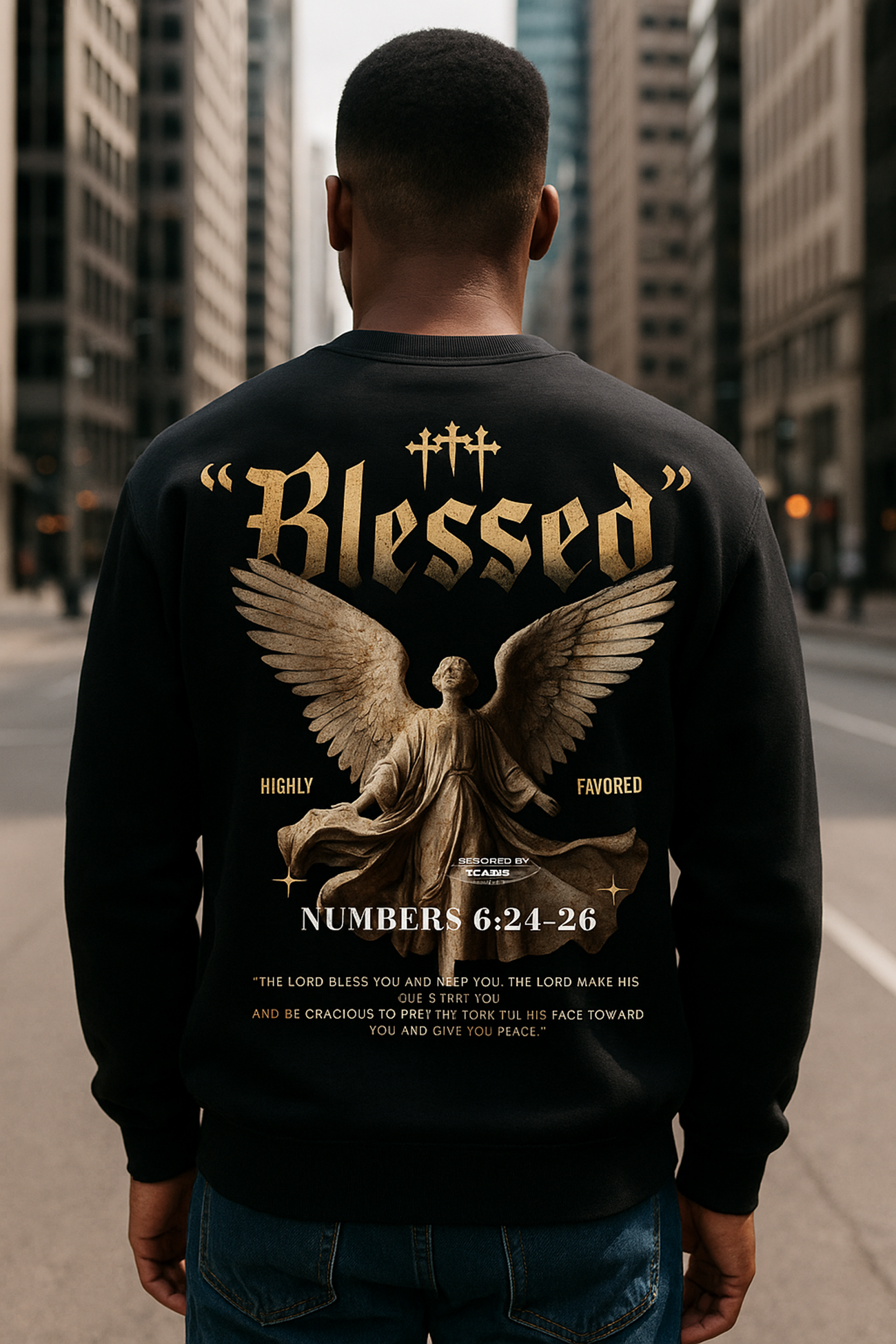 Person wearing a black sweatshirt with an angel design and text in an urban setting